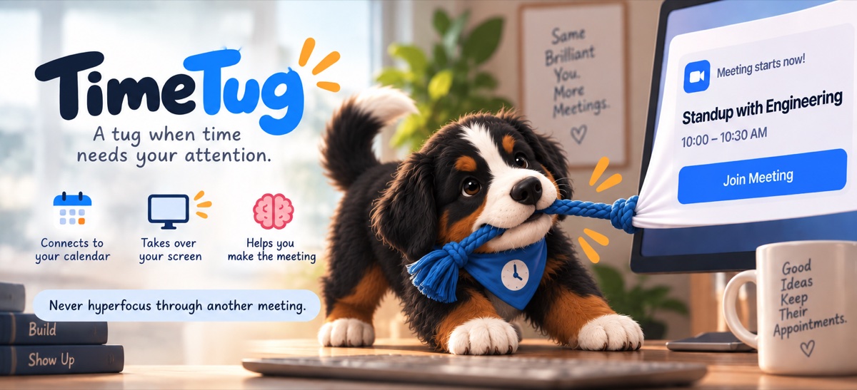 TimeTug: a Bernese mountain dog tugs a meeting reminder onto the screen. A tug when time needs your attention.
